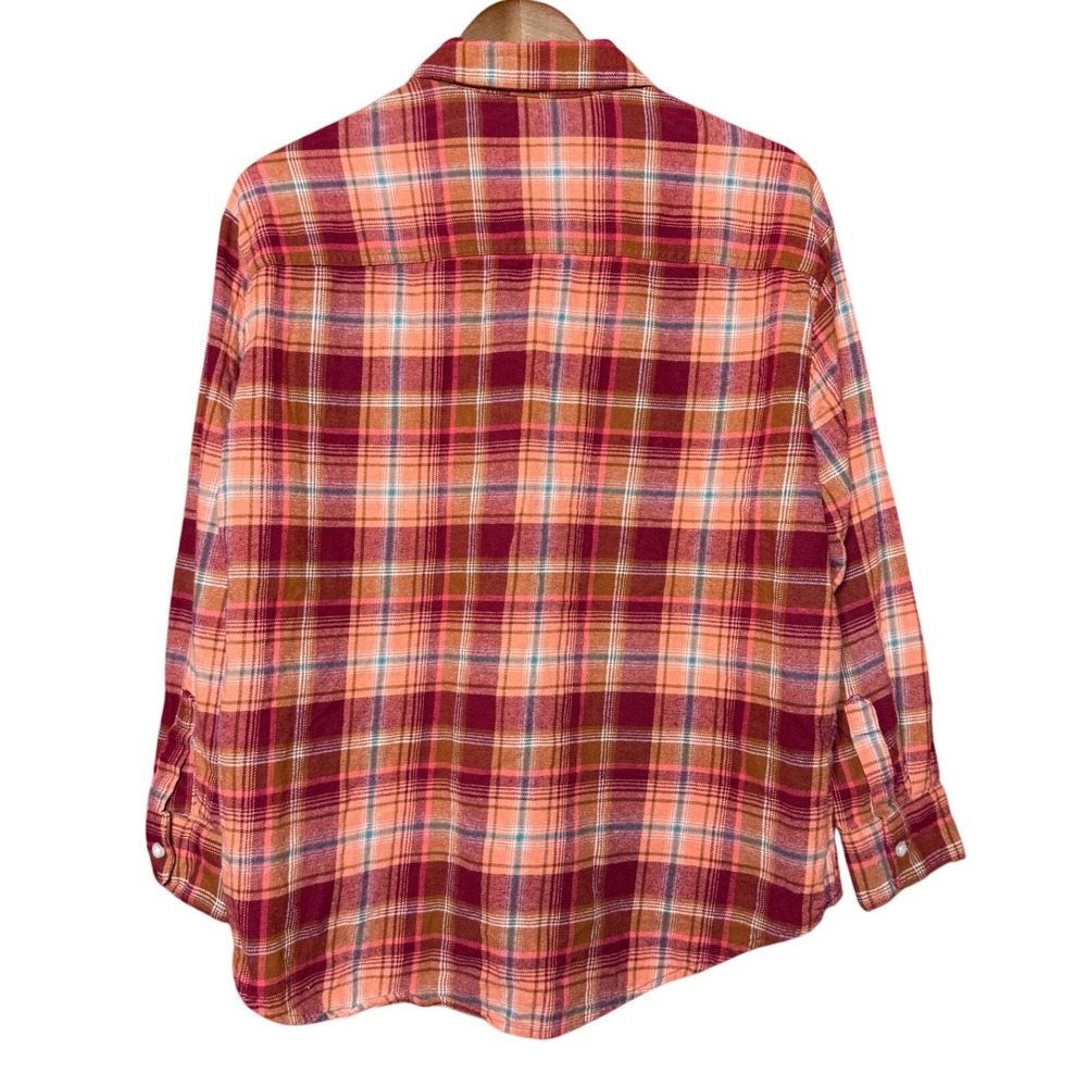 Old Navy Flannel Shirt Women Large Burgundy Orange Plaid Boyfriend Shirt - Picture 2 of 7